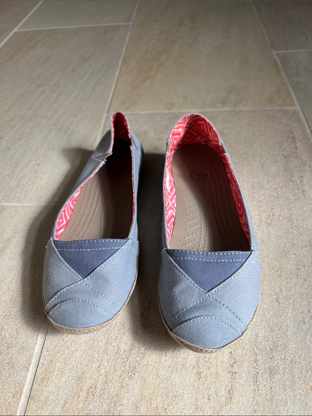 CROCS Gray Canvas Slip-On Flats with Pink Patterned Lining
